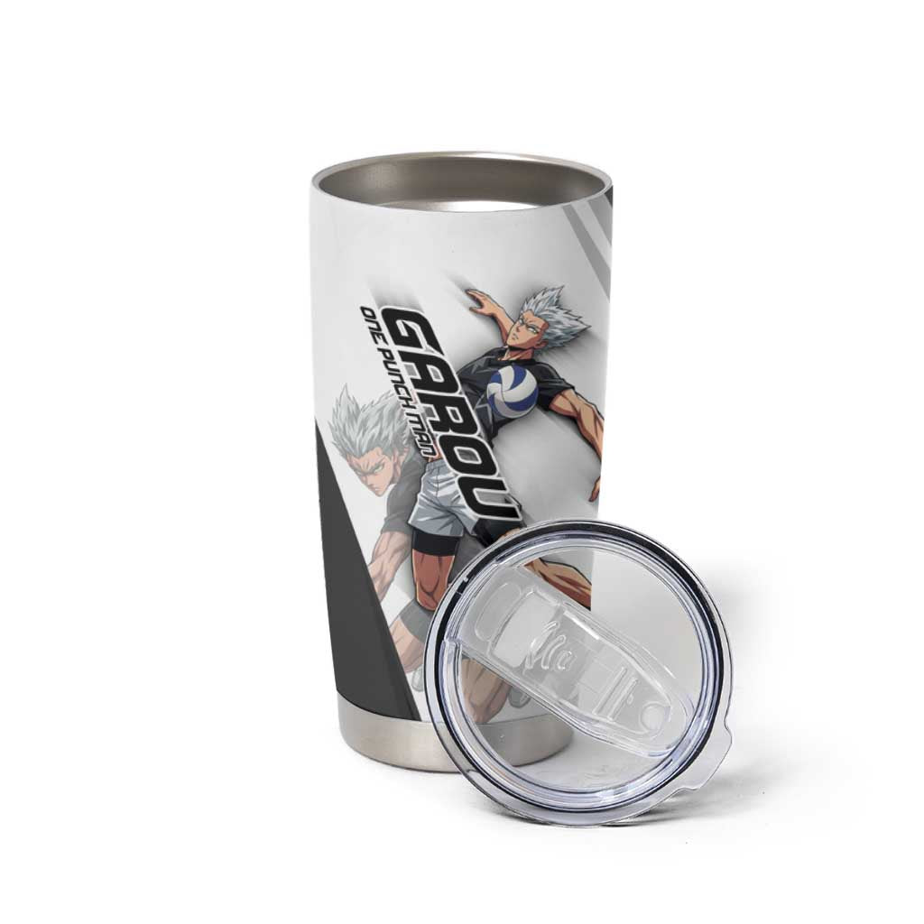 Personalized Garou Volleyball Action Design Tumbler Cup with Monochrome Stripes and Dynamic Pose
