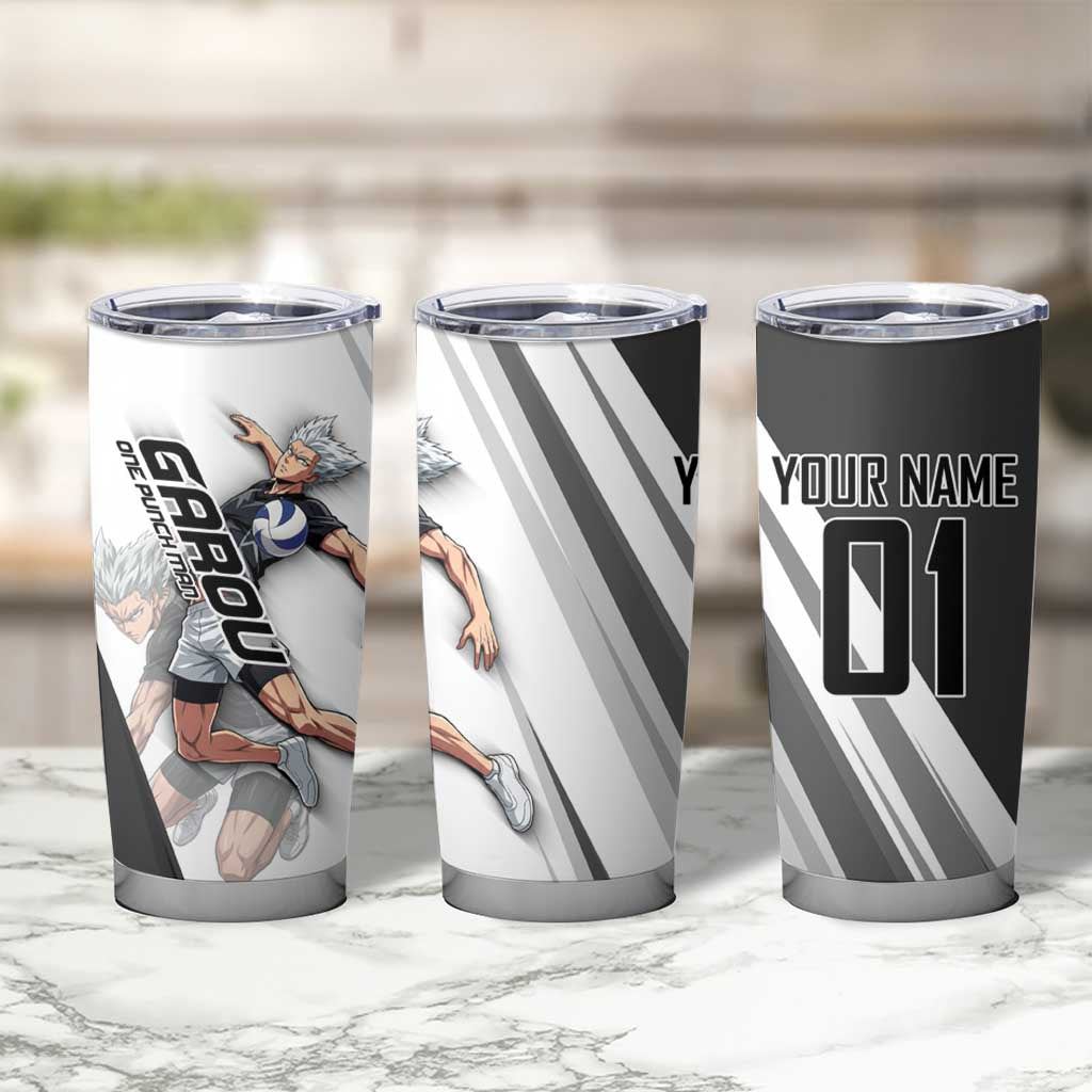 Personalized Garou Volleyball Action Design Tumbler Cup with Monochrome Stripes and Dynamic Pose