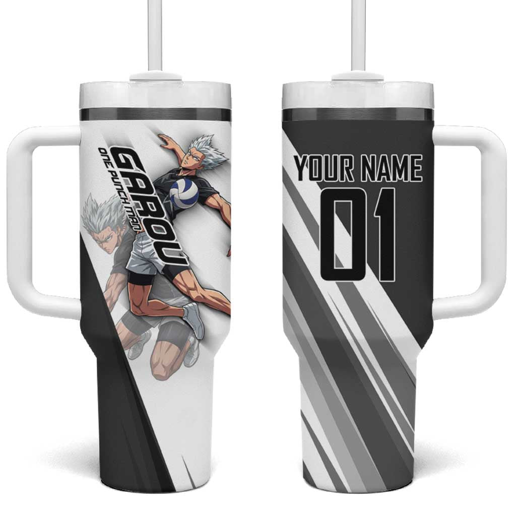 Personalized Garou Volleyball Action Design Tumbler With Handle with Monochrome Stripes and Dynamic Pose