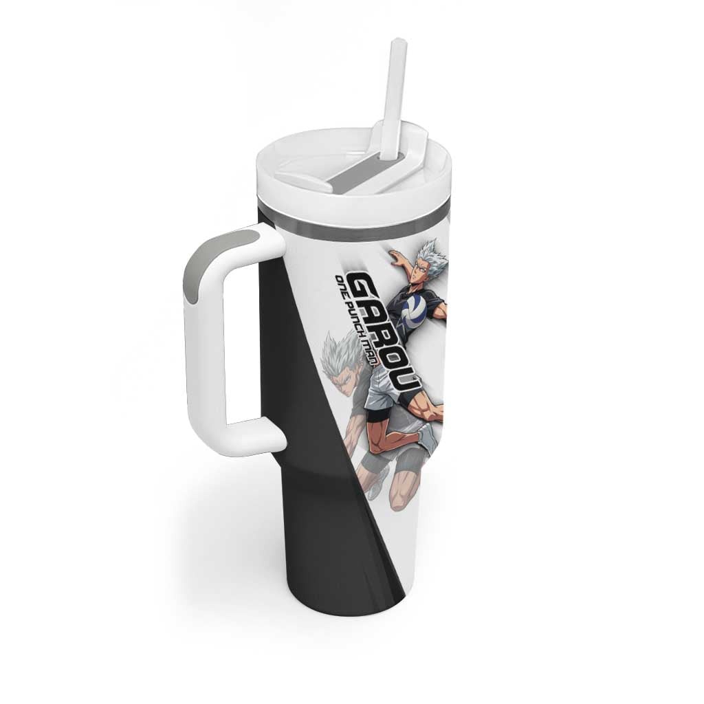 Personalized Garou Volleyball Action Design Tumbler With Handle with Monochrome Stripes and Dynamic Pose