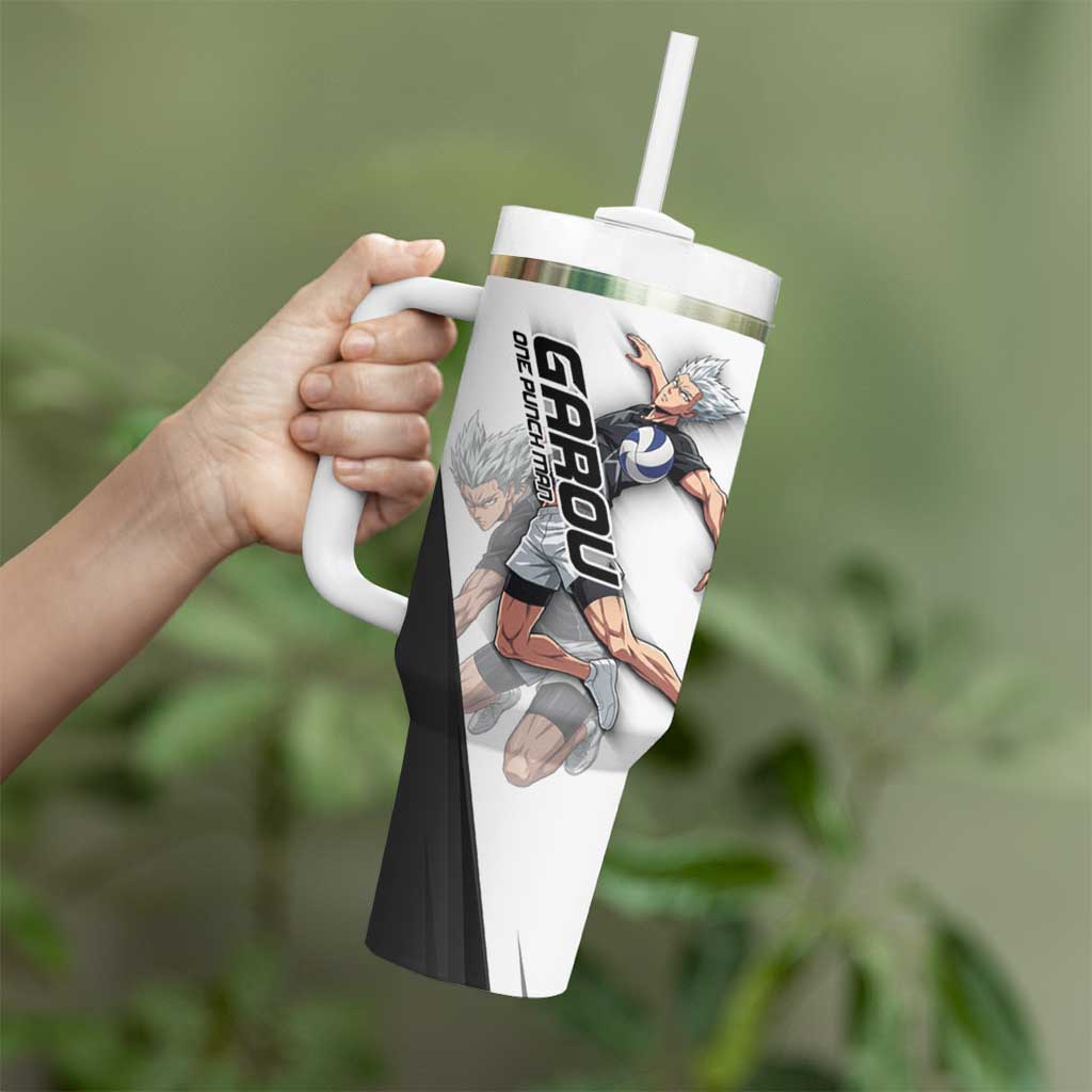 Personalized Garou Volleyball Action Design Tumbler With Handle with Monochrome Stripes and Dynamic Pose
