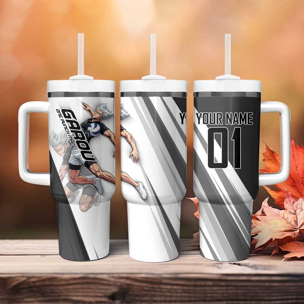 Personalized Garou Volleyball Action Design Tumbler With Handle with Monochrome Stripes and Dynamic Pose