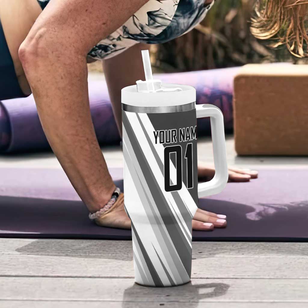 Personalized Garou Volleyball Action Design Tumbler With Handle with Monochrome Stripes and Dynamic Pose