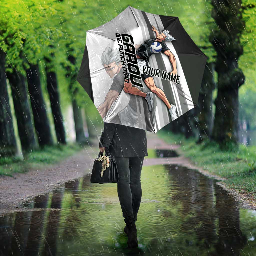 Personalized Garou Volleyball Action Design Umbrella with Monochrome Stripes and Dynamic Pose