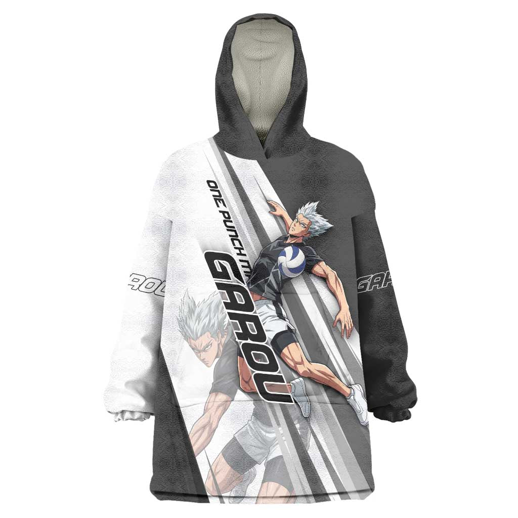Personalized Garou Volleyball Action Design Wearable Blanket Hoodie with Monochrome Stripes and Dynamic Pose