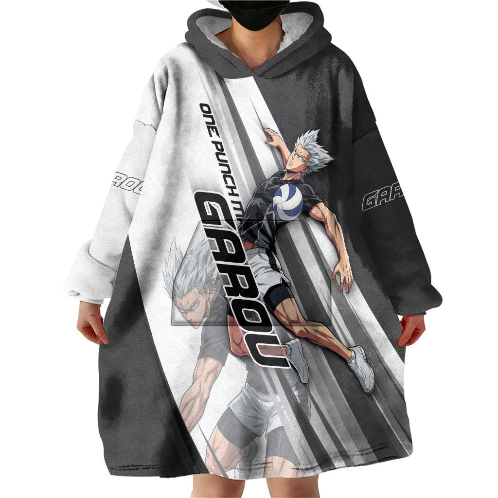 Personalized Garou Volleyball Action Design Wearable Blanket Hoodie with Monochrome Stripes and Dynamic Pose