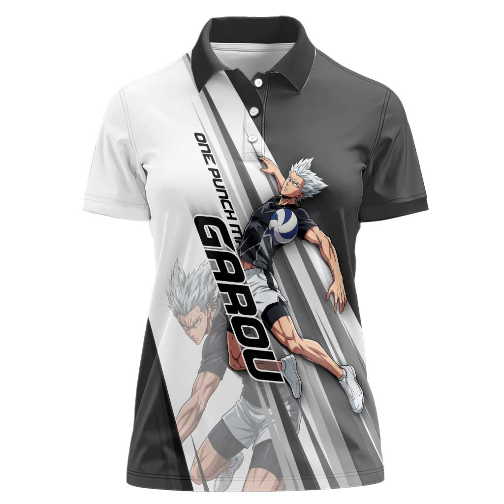 Personalized Garou Volleyball Action Design Women Polo Shirt with Monochrome Stripes and Dynamic Pose