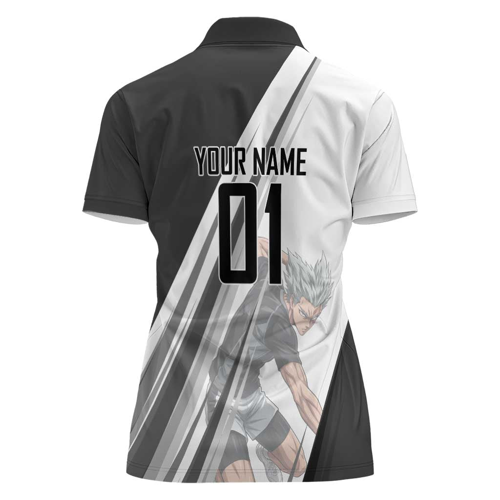 Personalized Garou Volleyball Action Design Women Polo Shirt with Monochrome Stripes and Dynamic Pose