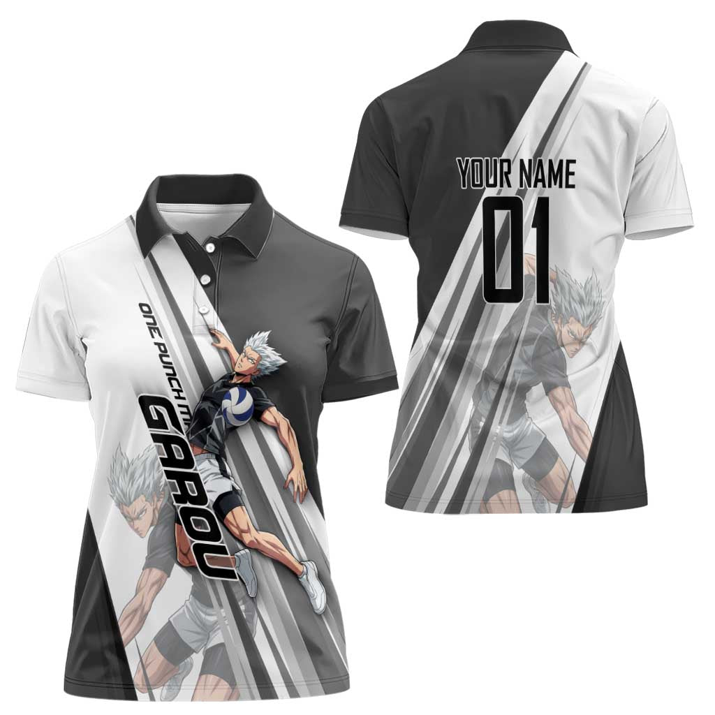Personalized Garou Volleyball Action Design Women Polo Shirt with Monochrome Stripes and Dynamic Pose