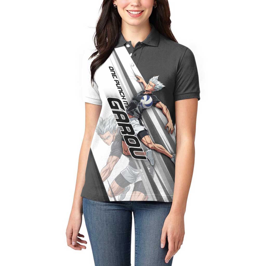 Personalized Garou Volleyball Action Design Women Polo Shirt with Monochrome Stripes and Dynamic Pose