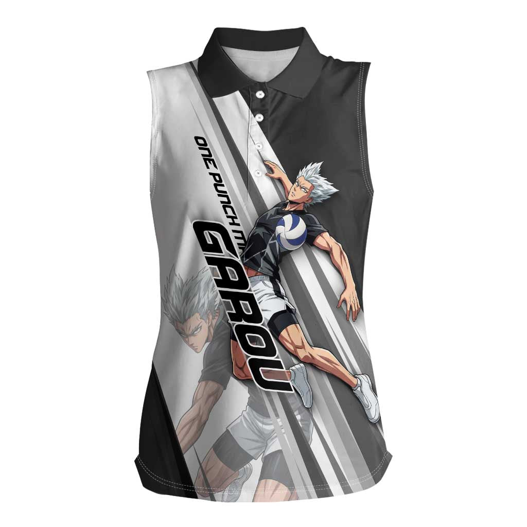 Personalized Garou Volleyball Action Design Women Sleeveless Polo Shirt with Monochrome Stripes and Dynamic Pose