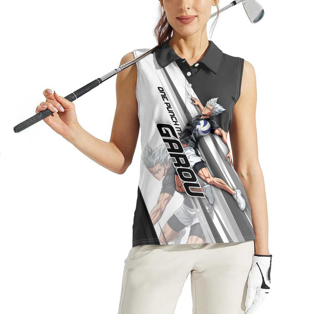 Personalized Garou Volleyball Action Design Women Sleeveless Polo Shirt with Monochrome Stripes and Dynamic Pose