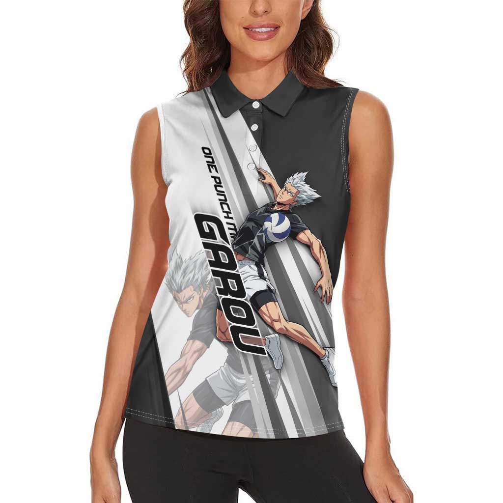 Personalized Garou Volleyball Action Design Women Sleeveless Polo Shirt with Monochrome Stripes and Dynamic Pose