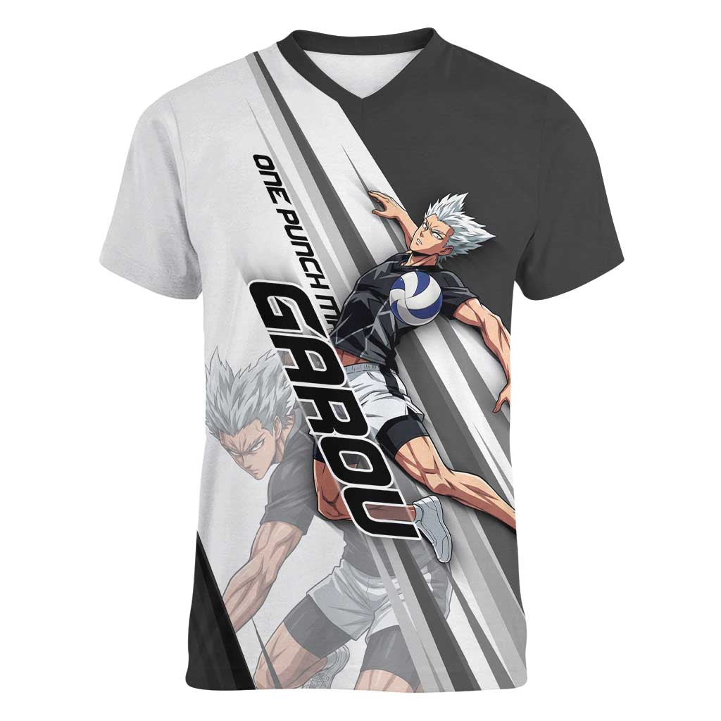 Personalized Garou Volleyball Action Design Women V-Neck T-Shirt with Monochrome Stripes and Dynamic Pose