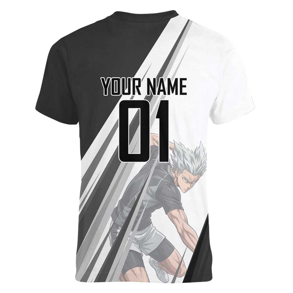 Personalized Garou Volleyball Action Design Women V-Neck T-Shirt with Monochrome Stripes and Dynamic Pose
