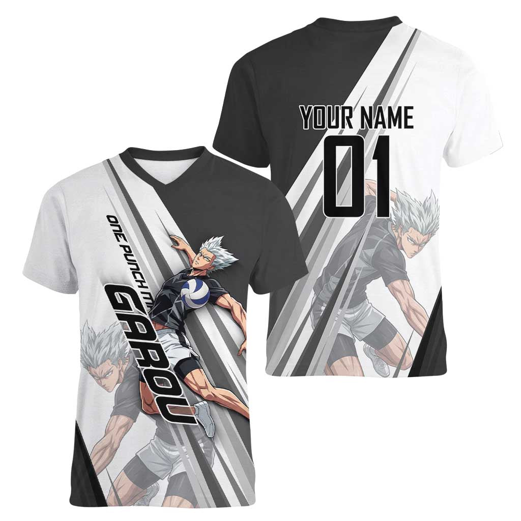 Personalized Garou Volleyball Action Design Women V-Neck T-Shirt with Monochrome Stripes and Dynamic Pose