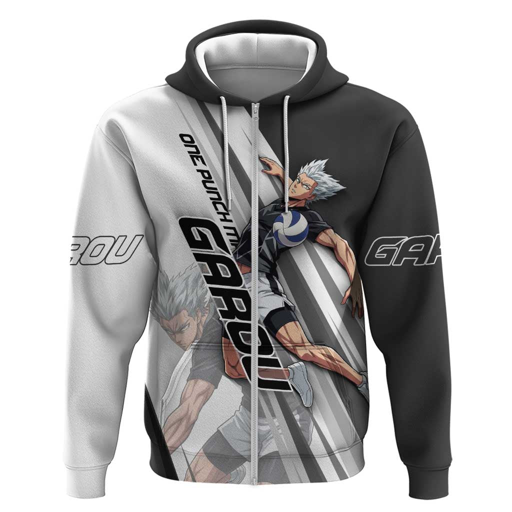 Personalized Garou Volleyball Action Design Zip Hoodie with Monochrome Stripes and Dynamic Pose