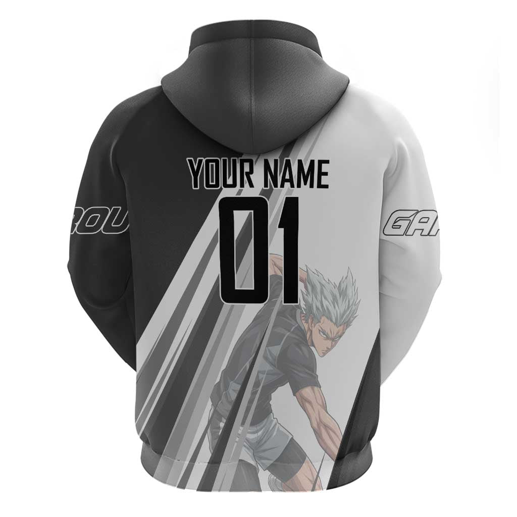Personalized Garou Volleyball Action Design Zip Hoodie with Monochrome Stripes and Dynamic Pose