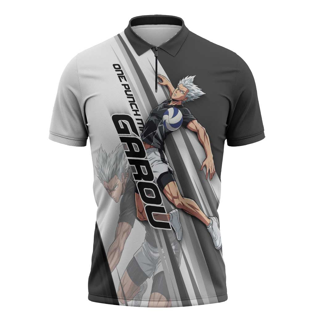 Personalized Garou Volleyball Action Design Zipper Polo Shirt with Monochrome Stripes and Dynamic Pose