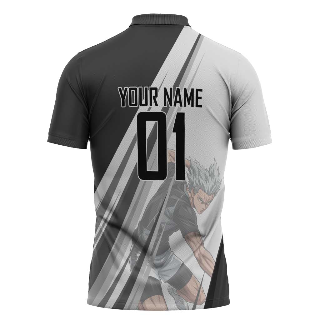 Personalized Garou Volleyball Action Design Zipper Polo Shirt with Monochrome Stripes and Dynamic Pose