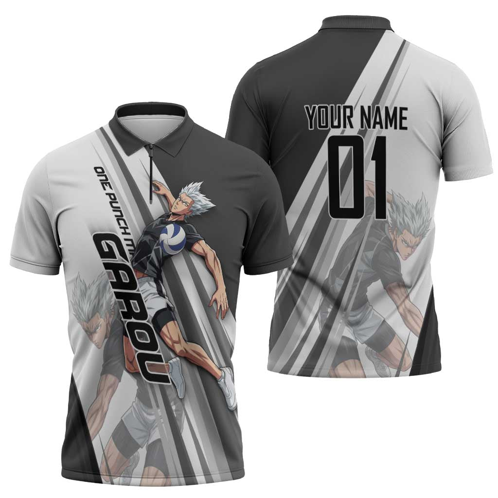 Personalized Garou Volleyball Action Design Zipper Polo Shirt with Monochrome Stripes and Dynamic Pose