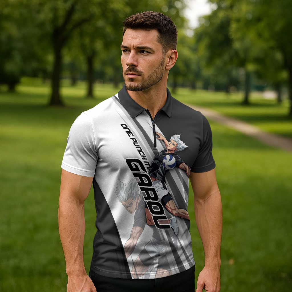Personalized Garou Volleyball Action Design Zipper Polo Shirt with Monochrome Stripes and Dynamic Pose