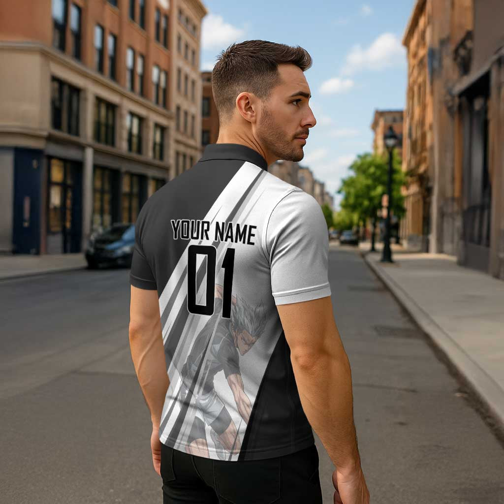 Personalized Garou Volleyball Action Design Zipper Polo Shirt with Monochrome Stripes and Dynamic Pose