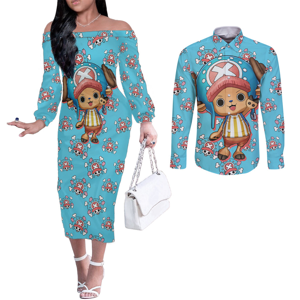 Tony Tony Chopper - Movie Red Couples Matching Off The Shoulder Long Sleeve Dress and Long Sleeve Button Shirt