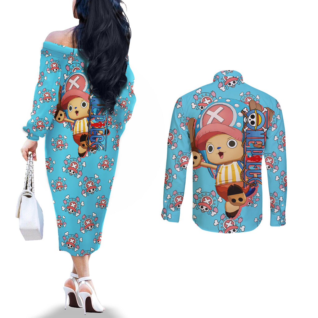 Tony Tony Chopper - Movie Red Couples Matching Off The Shoulder Long Sleeve Dress and Long Sleeve Button Shirt