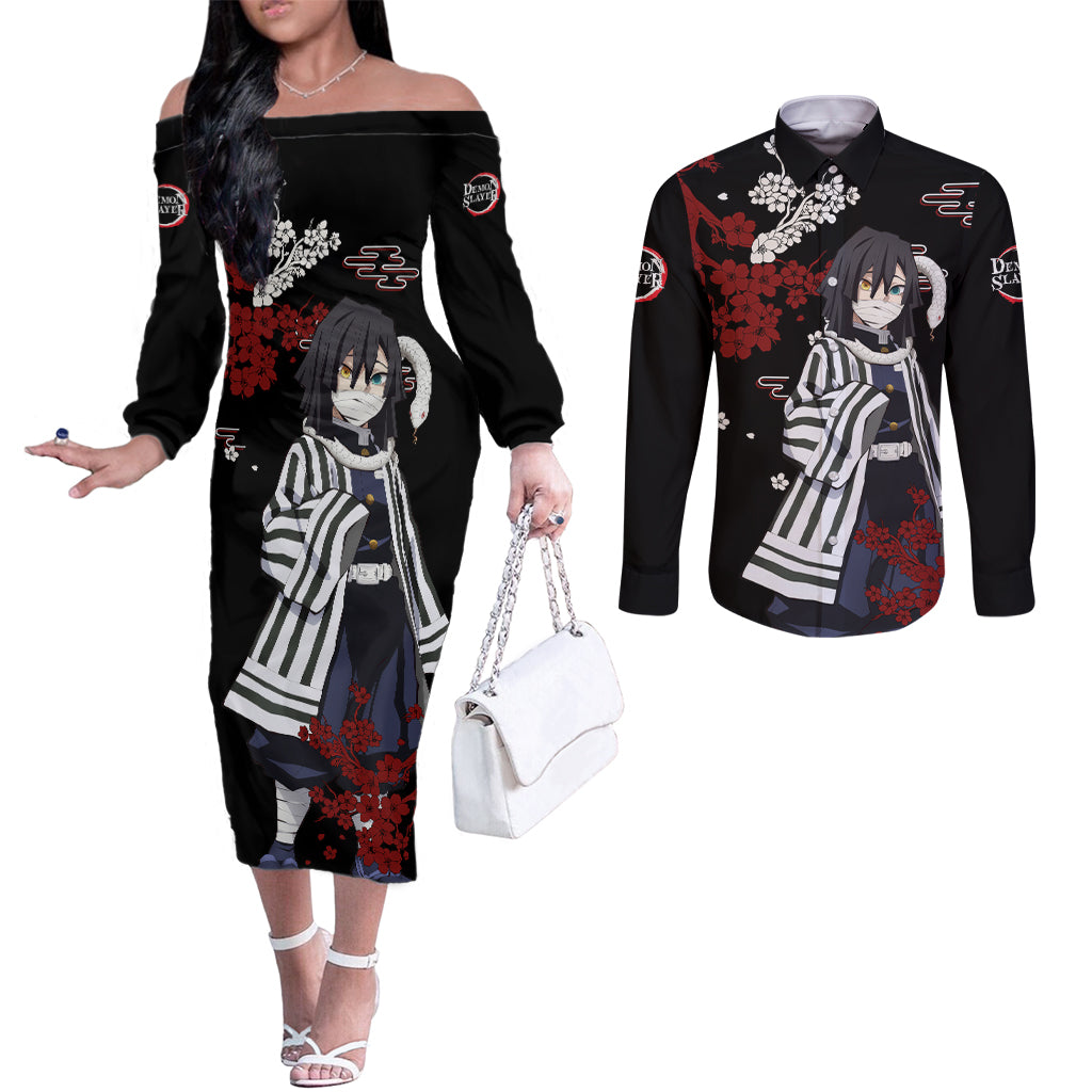 Obanai Iguro - Japan Style Couples Matching Off The Shoulder Long Sleeve Dress and Long Sleeve Button Shirt