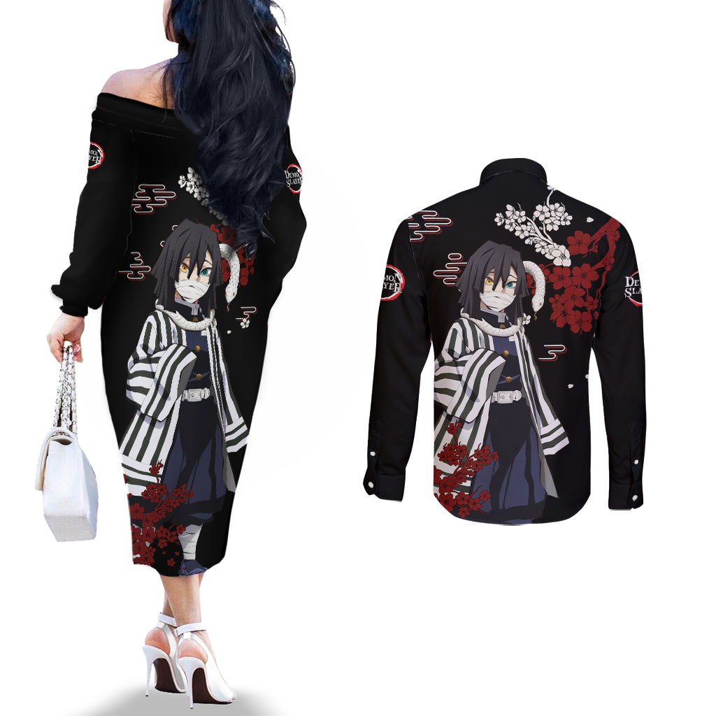 Obanai Iguro - Japan Style Couples Matching Off The Shoulder Long Sleeve Dress and Long Sleeve Button Shirt