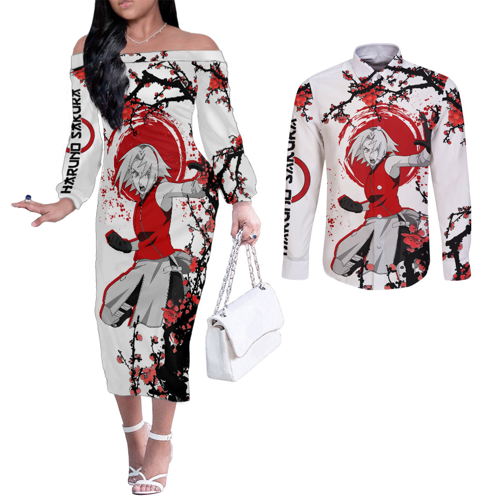 Haruno Sakura - Japan Style Anime Couples Matching Off The Shoulder Long Sleeve Dress and Long Sleeve Button Shirt
