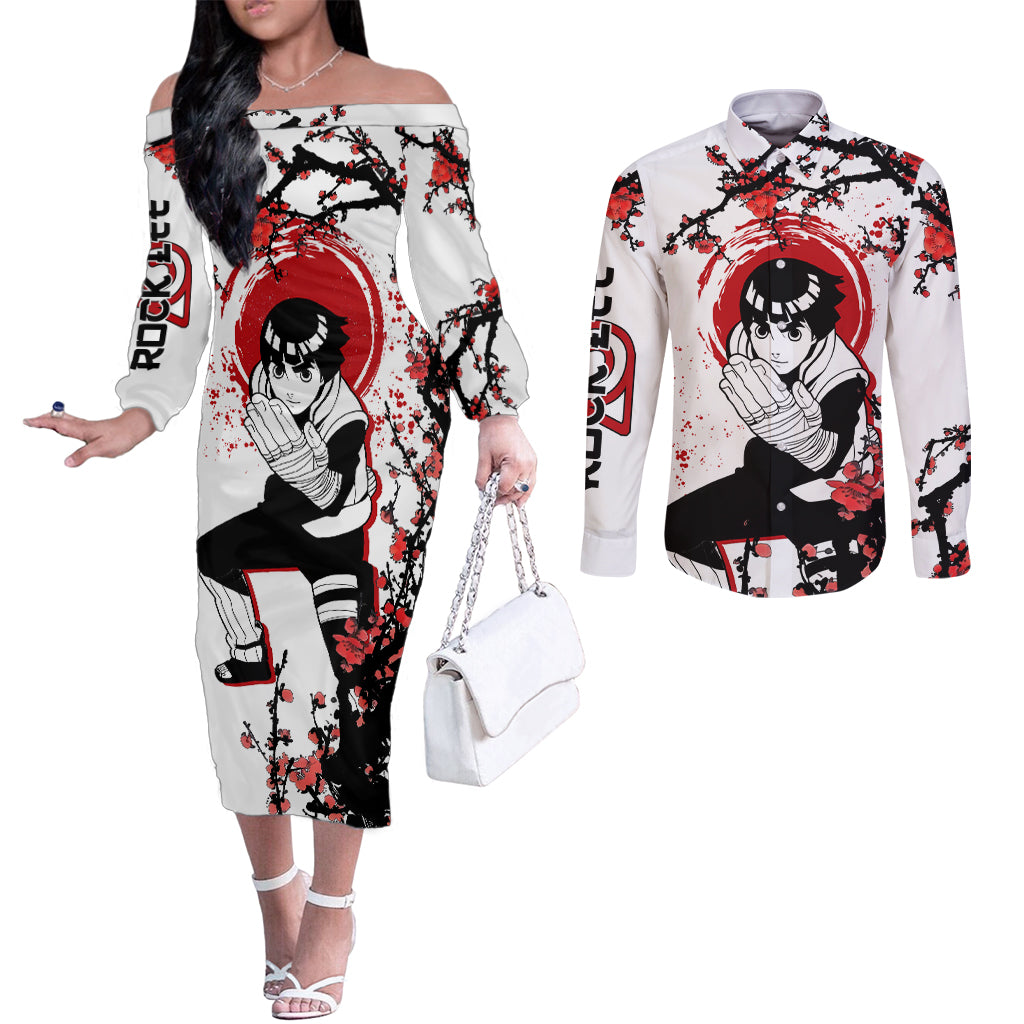 Rock Lee - Japan Style Anime Couples Matching Off The Shoulder Long Sleeve Dress and Long Sleeve Button Shirt