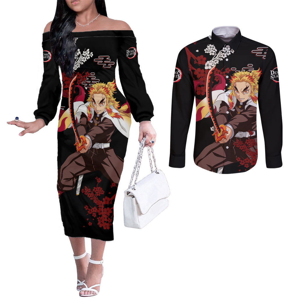 Kyojuro Rengoku - Japan Style Couples Matching Off The Shoulder Long Sleeve Dress and Long Sleeve Button Shirt