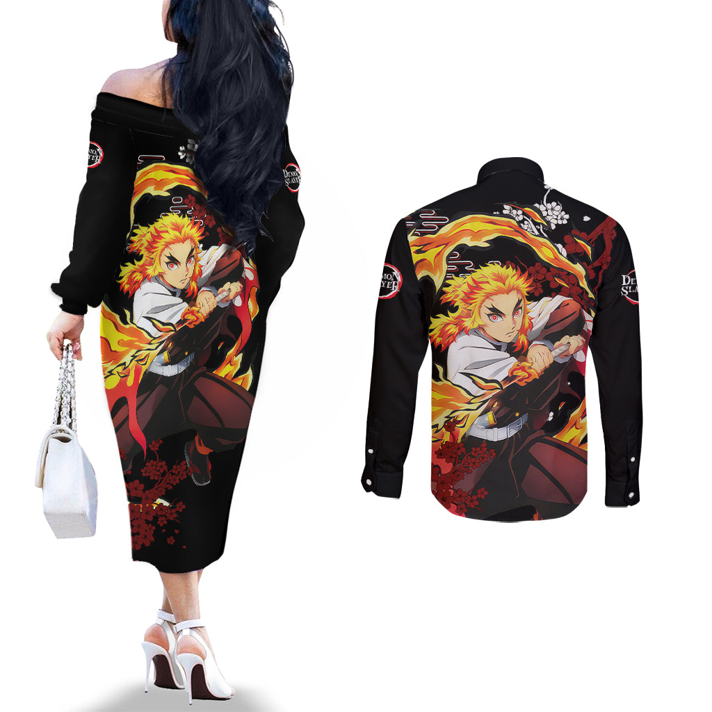 Kyojuro Rengoku - Japan Style Couples Matching Off The Shoulder Long Sleeve Dress and Long Sleeve Button Shirt