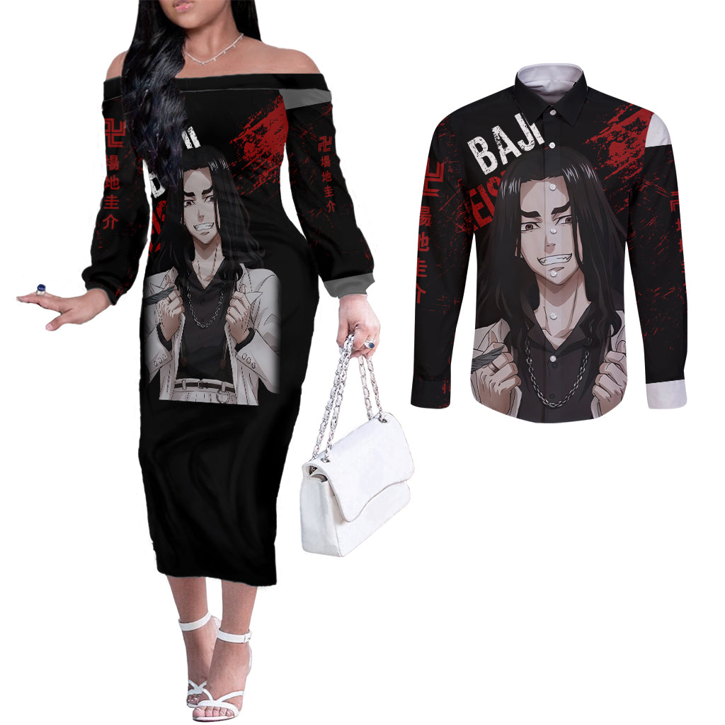 Baji Keisuke - Anime Revengers Couples Matching Off The Shoulder Long Sleeve Dress and Long Sleeve Button Shirt