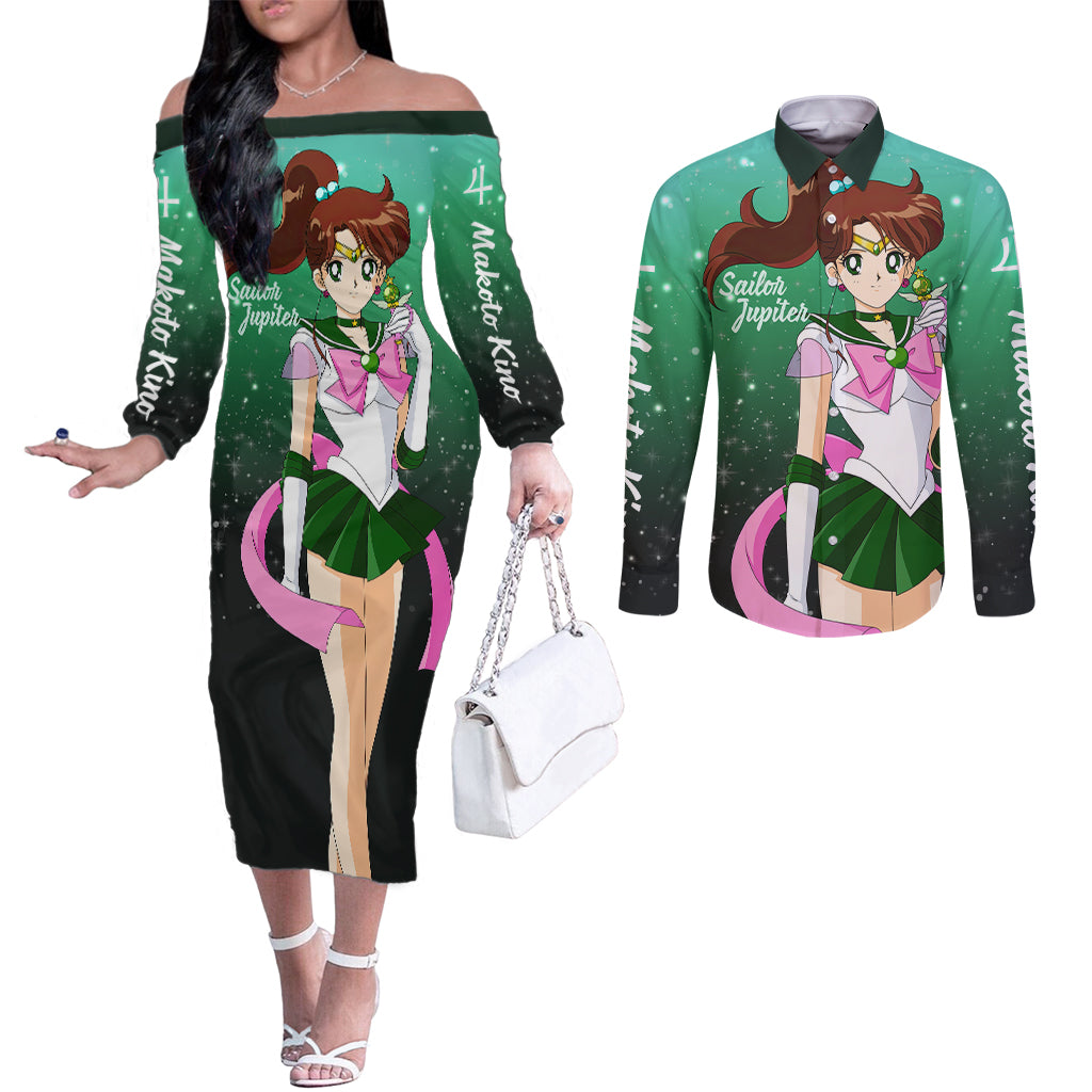 Sailor Jupiter Makoto Kino Couples Matching Off The Shoulder Long Sleeve Dress and Long Sleeve Button Shirt