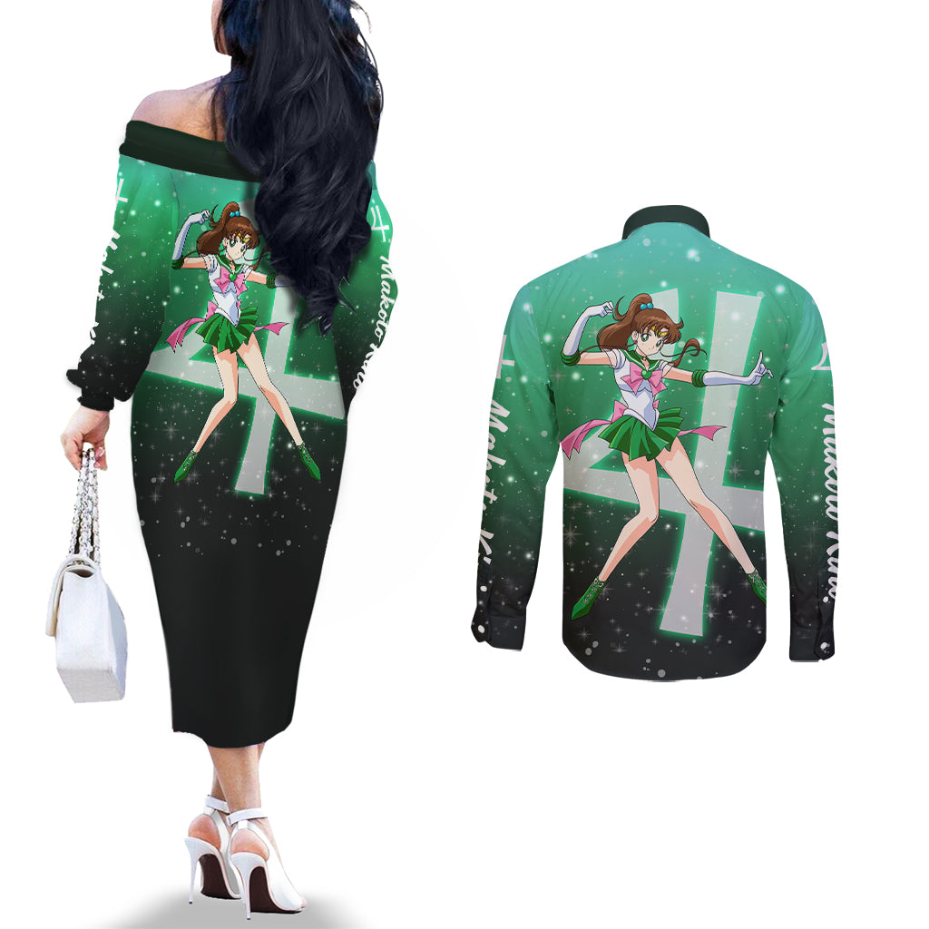 Sailor Jupiter Makoto Kino Couples Matching Off The Shoulder Long Sleeve Dress and Long Sleeve Button Shirt