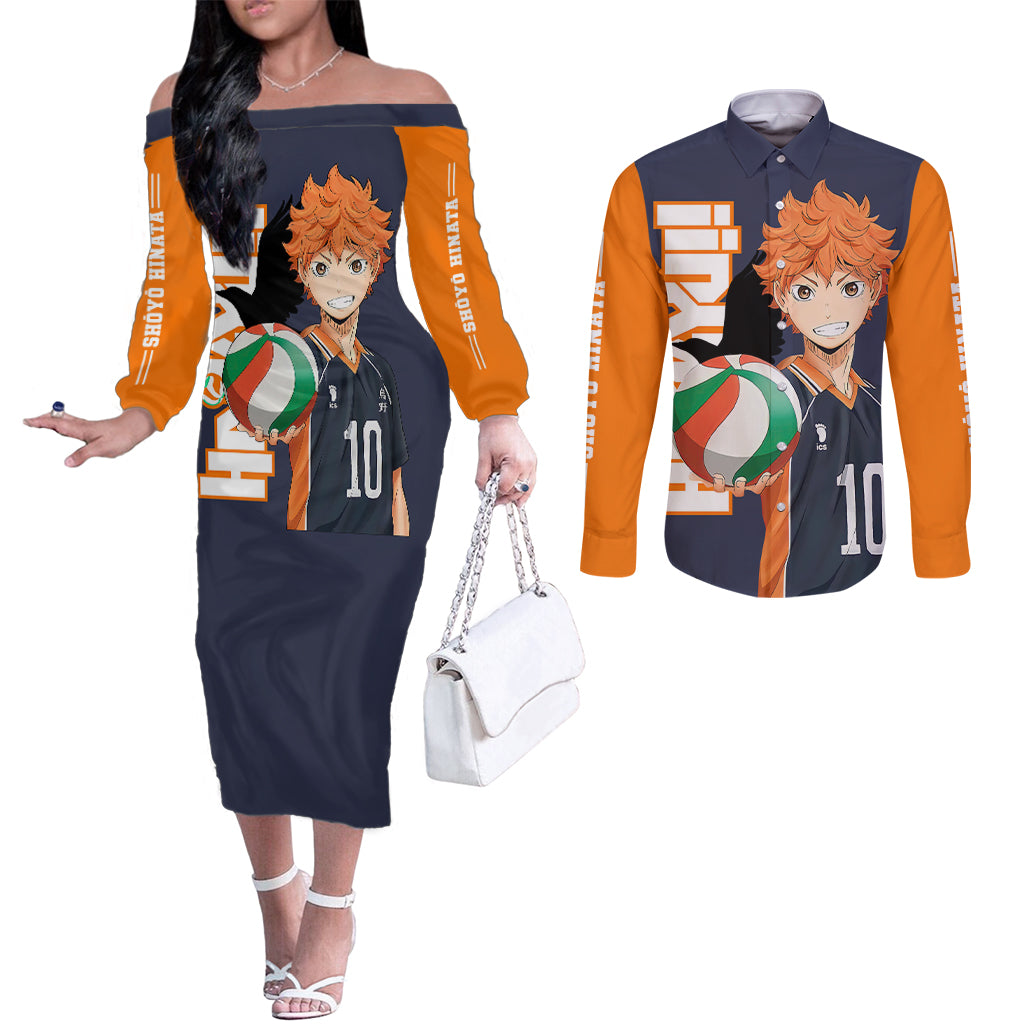 Karasuno Shoyo Hinata Couples Matching Off The Shoulder Long Sleeve Dress and Long Sleeve Button Shirt