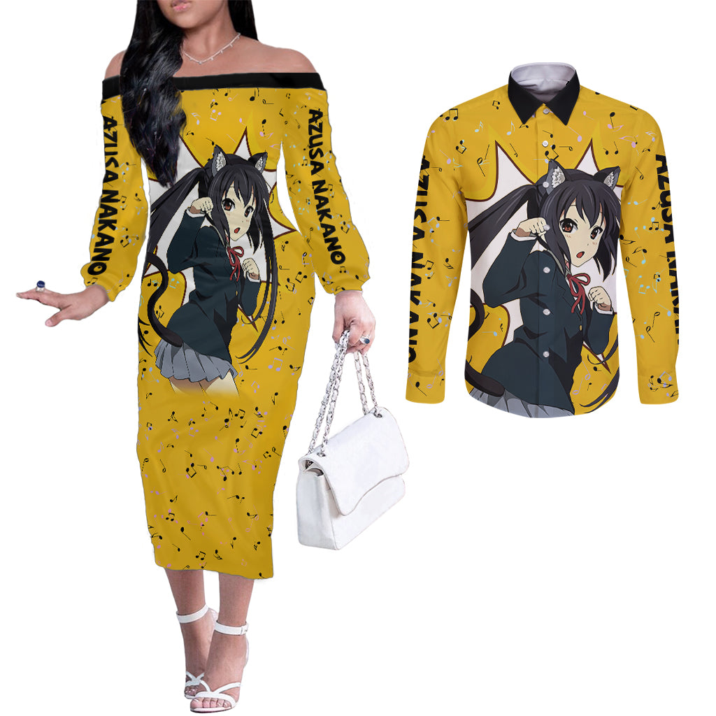 K-On - Azusa Nakano Anime Couples Matching Off The Shoulder Long Sleeve Dress and Long Sleeve Button Shirt