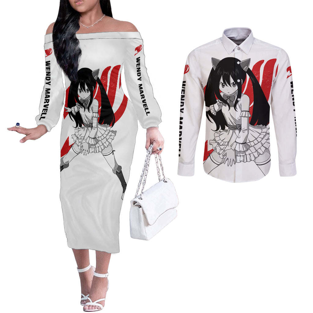 Wendy Marvell Couples Matching Off The Shoulder Long Sleeve Dress and Long Sleeve Button Shirt