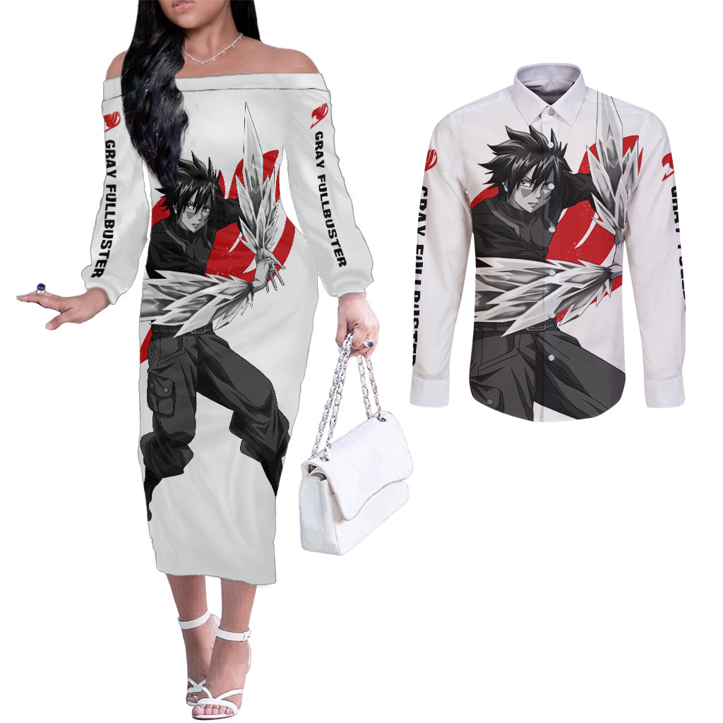 Gray Fullbuster - Silhouette Anime Couples Matching Off The Shoulder Long Sleeve Dress and Long Sleeve Button Shirt