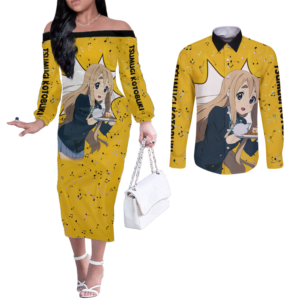 K-On - Tsumugi Kotobuki Anime Couples Matching Off The Shoulder Long Sleeve Dress and Long Sleeve Button Shirt