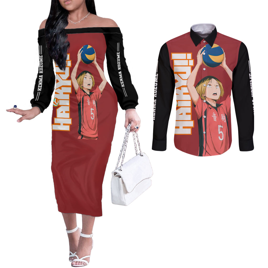 Nekoma Kenma Kozume Couples Matching Off The Shoulder Long Sleeve Dress and Long Sleeve Button Shirt