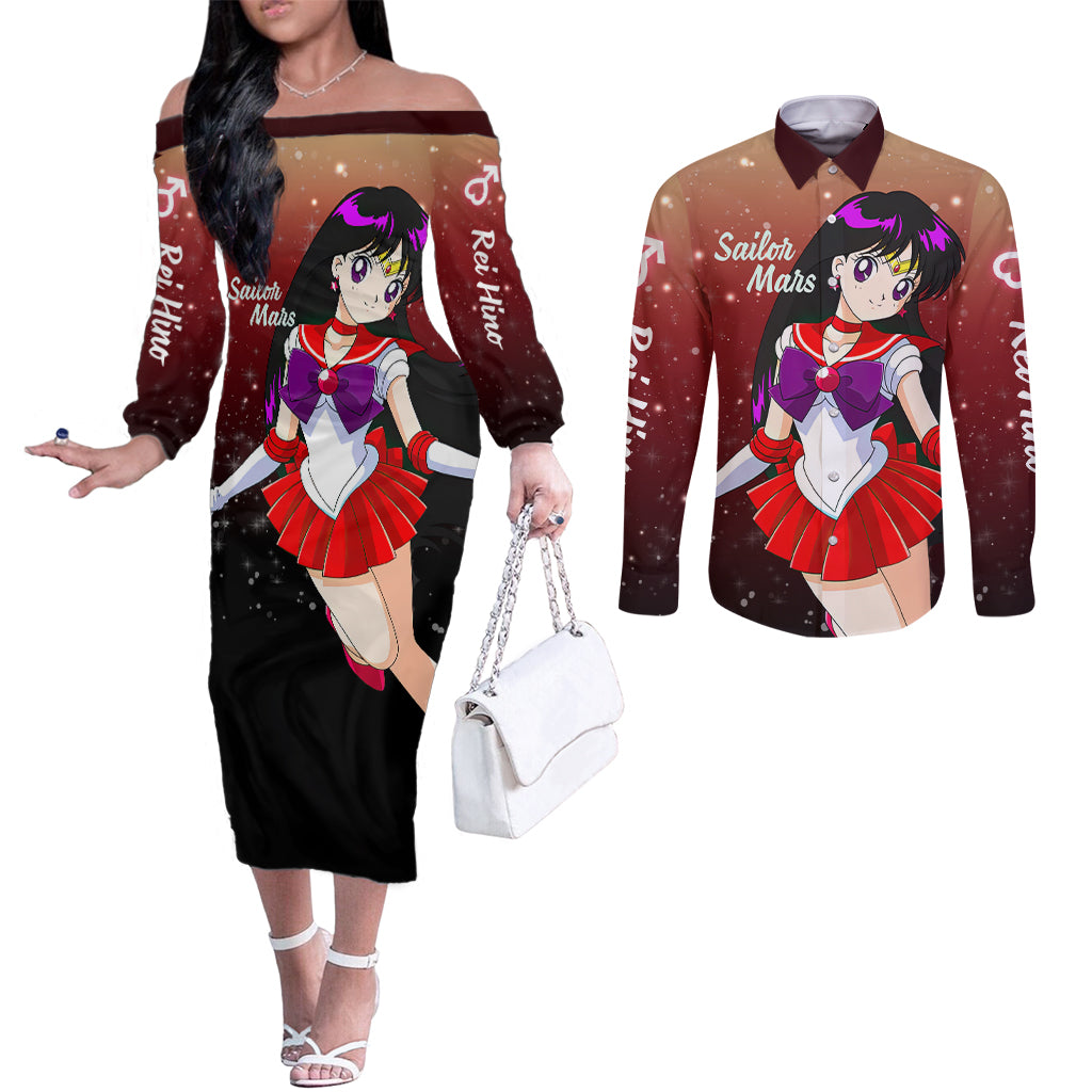 Sailor Mars Rei Hino Couples Matching Off The Shoulder Long Sleeve Dress and Long Sleeve Button Shirt