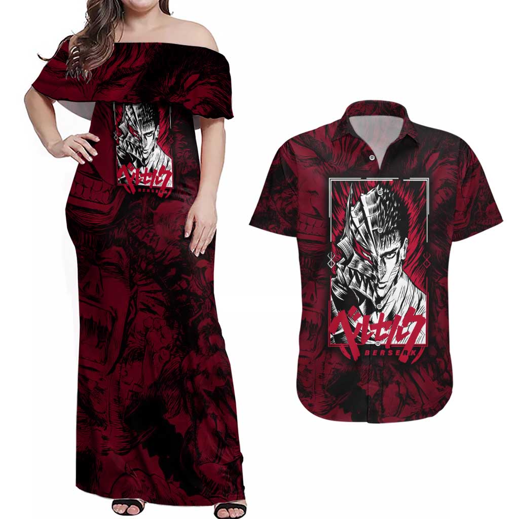 Guts Metal - Bererk Couples Matching Off Shoulder Maxi Dress and Hawaiian Shirt Anime Style - The Mazicc