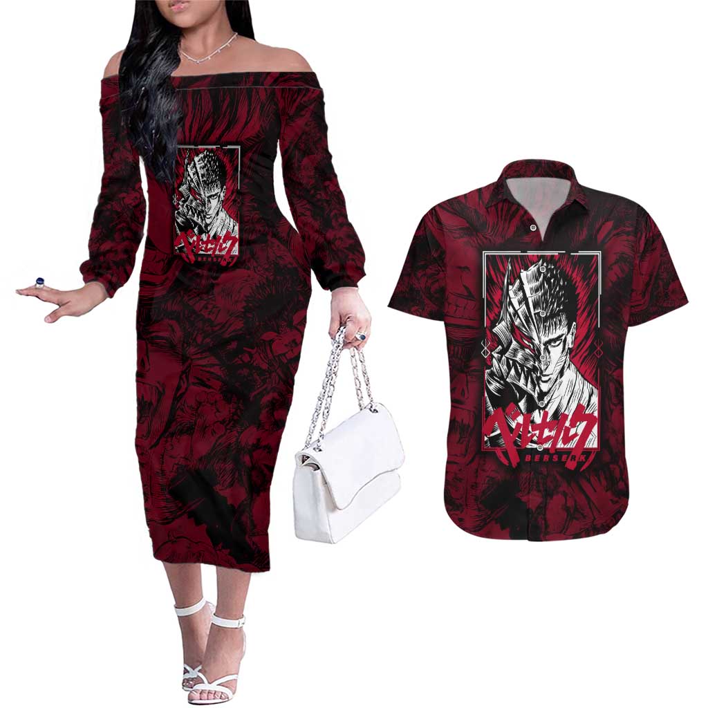 Guts Metal - Bererk Couples Matching Off The Shoulder Long Sleeve Dress and Hawaiian Shirt Anime Style - The Mazicc