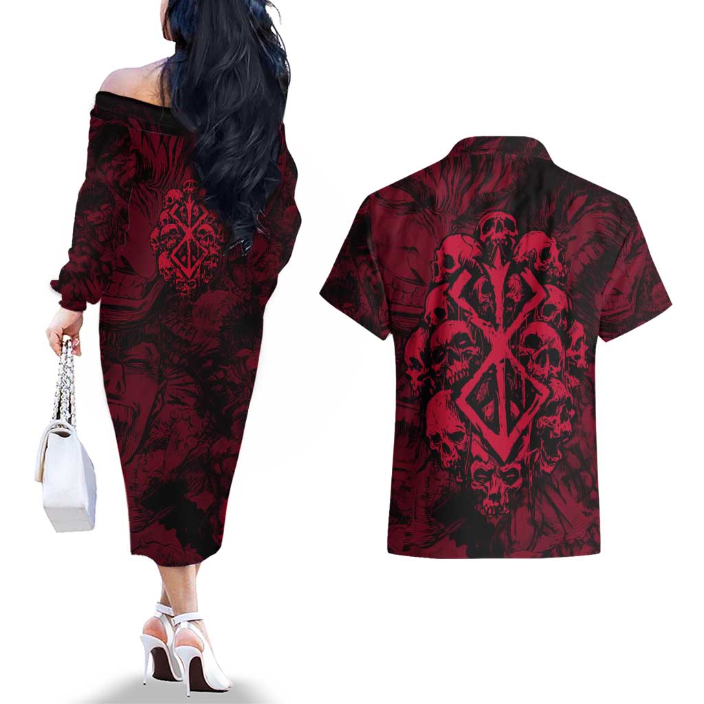 Guts Metal - Bererk Couples Matching Off The Shoulder Long Sleeve Dress and Hawaiian Shirt Anime Style - The Mazicc