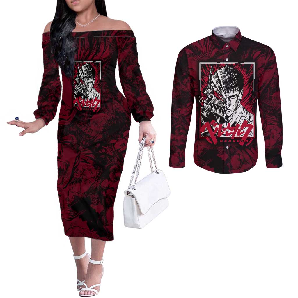 Guts Metal - Bererk Couples Matching Off The Shoulder Long Sleeve Dress and Long Sleeve Button Shirt Anime Style - The Mazicc