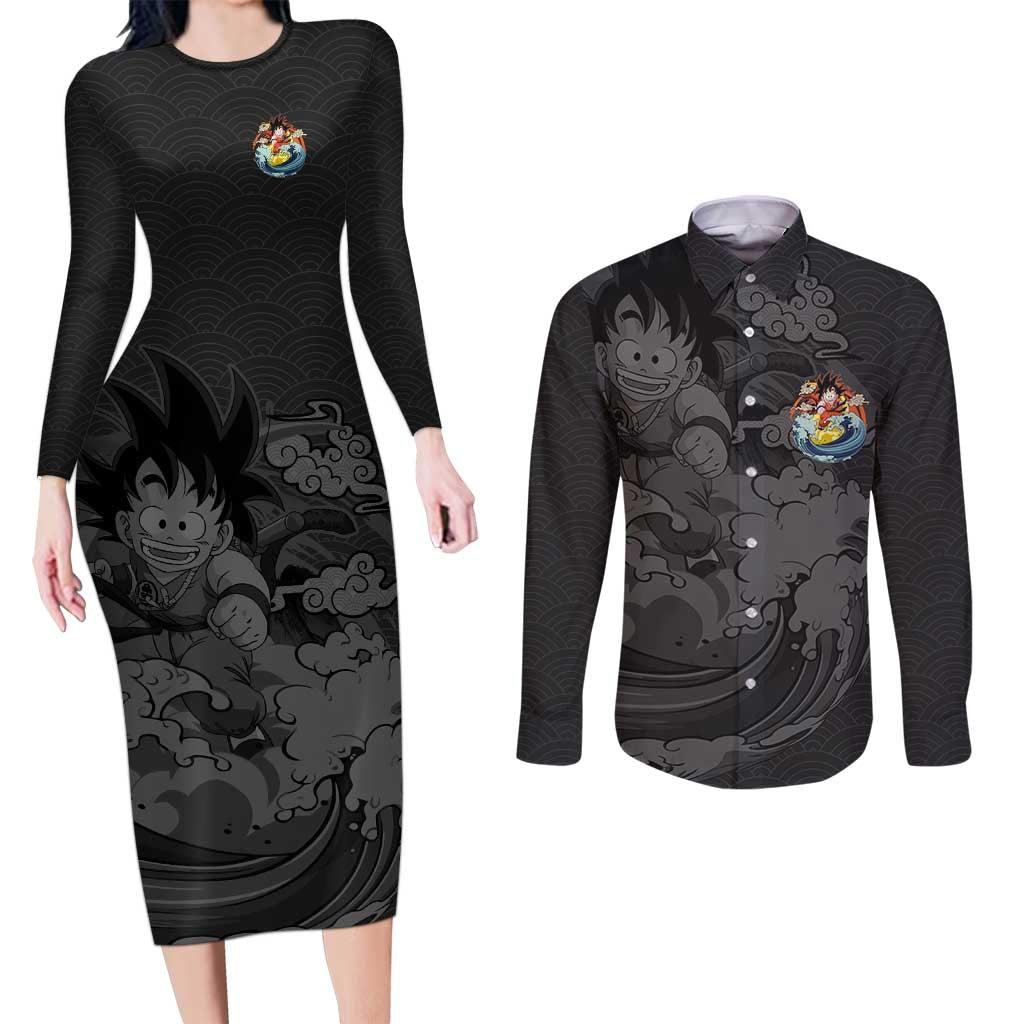 Goku Kid - Dragon Ball Couples Matching Long Sleeve Bodycon Dress and Long Sleeve Button Shirt Anime Style - The Mazicc